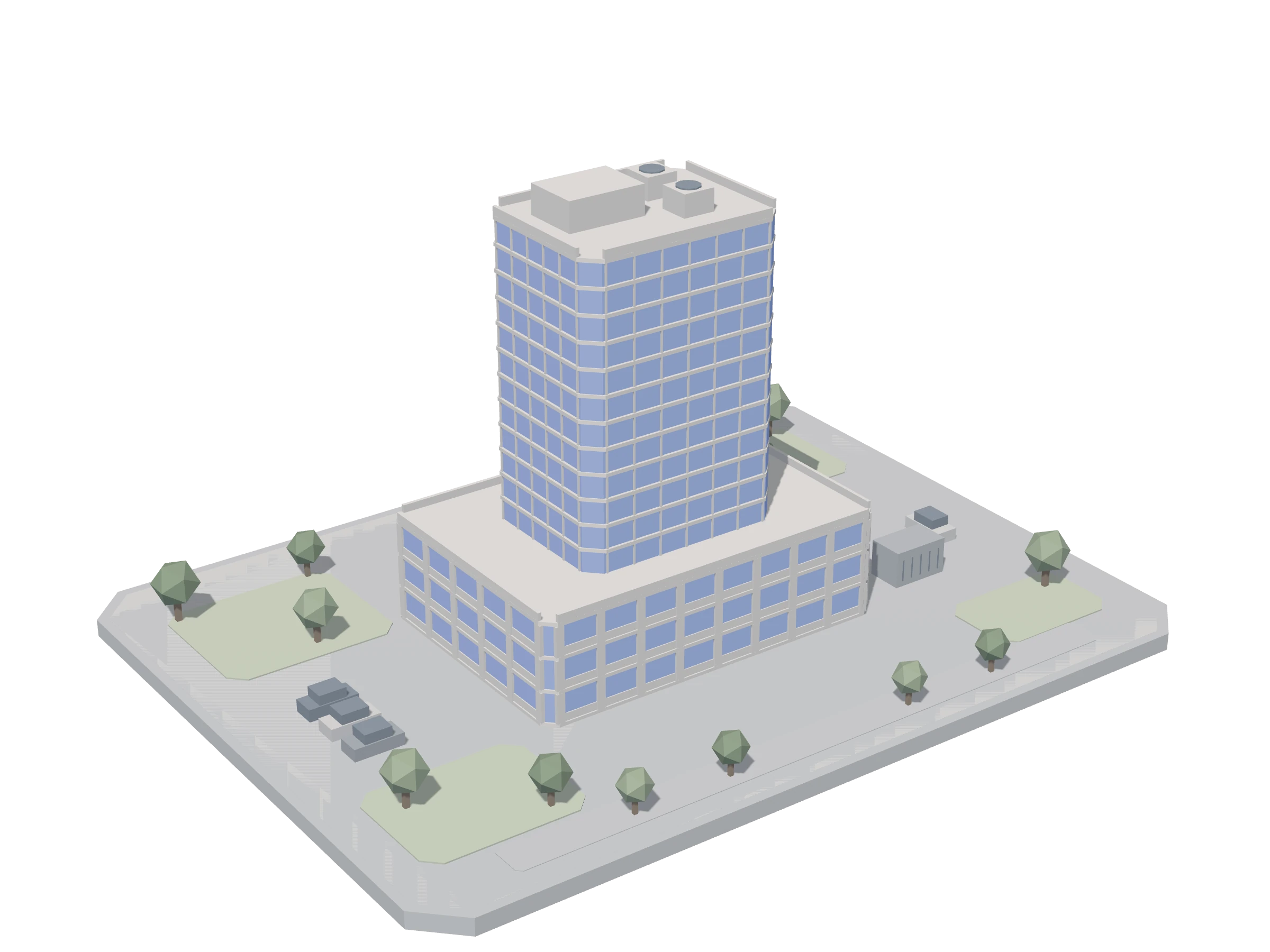 BuildingON 3D integrated view example: building model with a 3-story podium and a 12-story tower