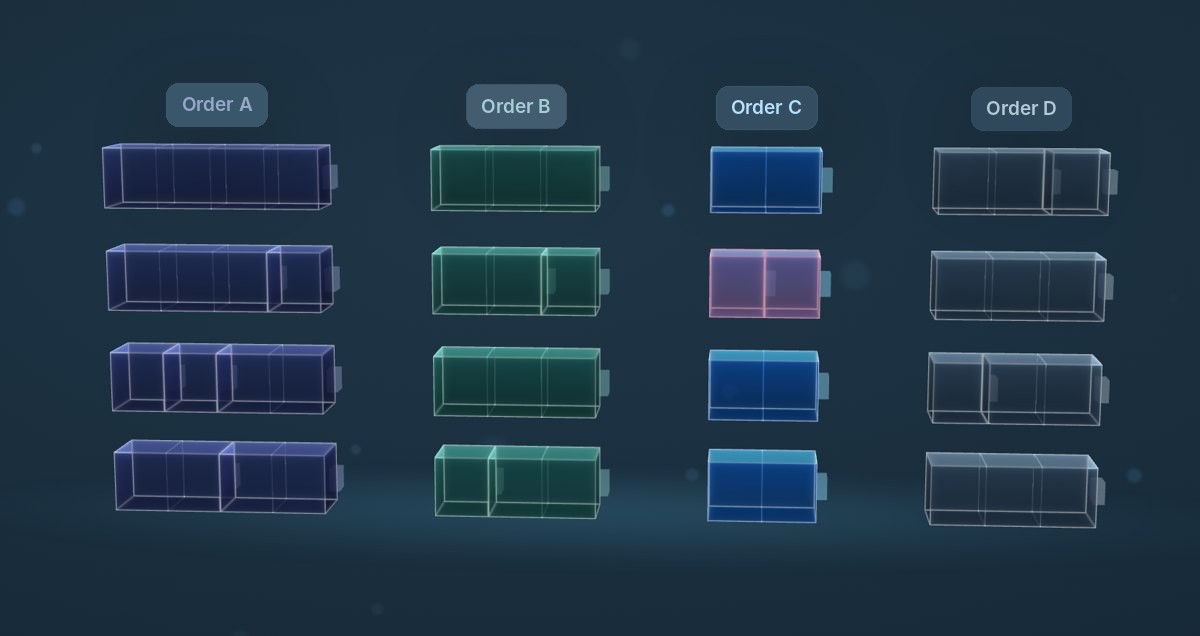 Orders A to D shown side by side as columns of process blocks. Only one process block of order C is marked red.